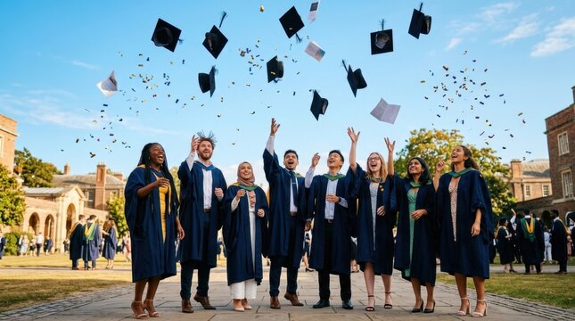 Graduation celebration. A group of diverse young adults in academic robes toss their caps high into the air simultaneously, frozen mid-flight against a bright blue sky,