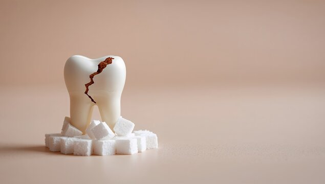 Cracked human molar tooth with decay sitting on white sugar cubes