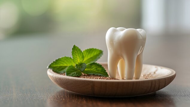 Cracked molar tooth model on wooden plate with fresh mint leaf