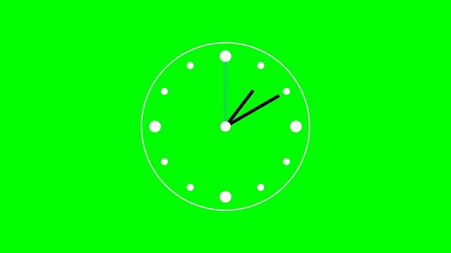 A minimalistic clock design with a bright green background, featuring classic hour and minute hands