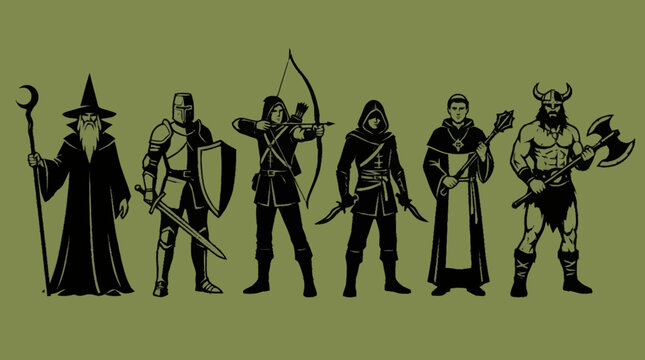 A lineup of fantasy characters including a wizard, knight, archer, rogue, cleric, and barbarian, depicted in silhouette against a solid background.
