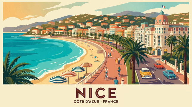 A vibrant illustration of the iconic Promenade des Anglais in Nice, France, showcasing the beach, palm trees, and historic buildings.