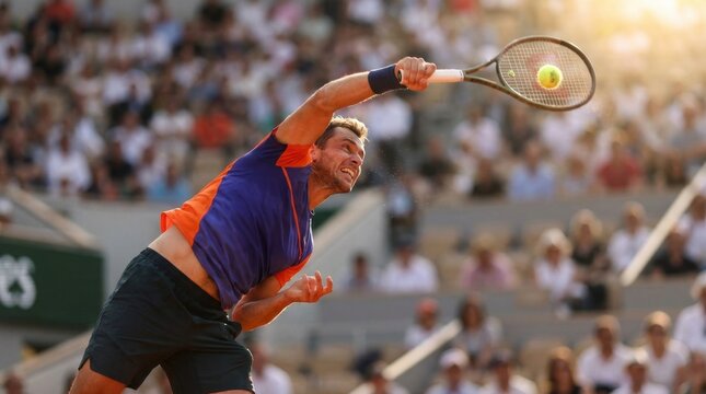 Professional tennis player mid-serve on an outdoor clay court, arm extended high with racket poised, intense facial expression, sweat droplets visible, crowd blurred in