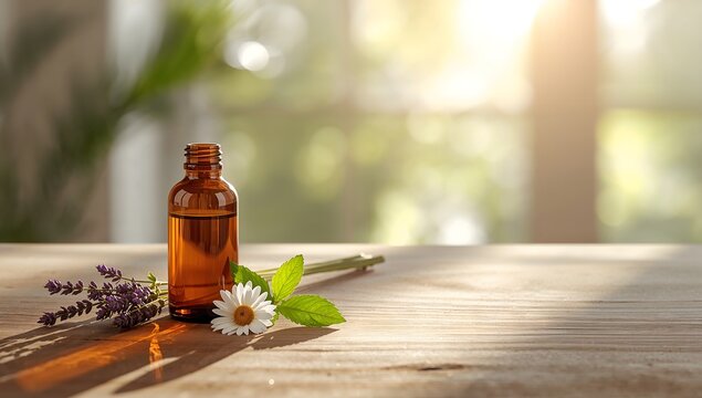 Amber glass essential oil bottle with lavender on a wooden table