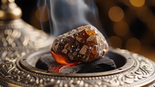 Closeup of Frankincense Resin Burning on Hot Coals in an Ornate Incense Burner.