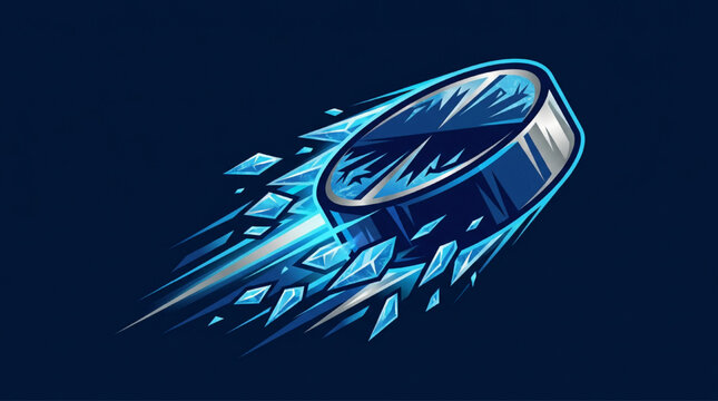 Ice hockey puck flying with motion blur and crystal shards