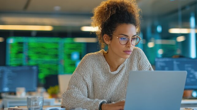Portrait of a diverse female QA engineer analyzing software bugs at a laptop with a large green screen mock-up in the background