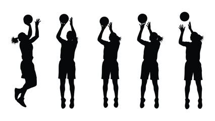 Silhouette illustration of netball players in action preparing to catch or throw balls © MDSAEEM