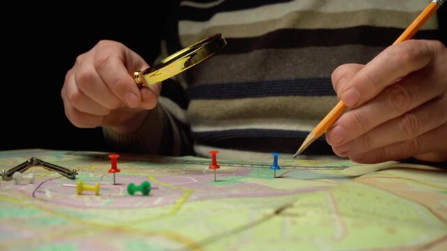 Individual examines a map with a magnifying glass while using a pencil to mark locations with colorful push pins on a table
