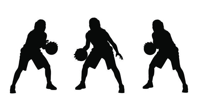 Three cheerleaders in silhouette pose with pompoms demonstrating dynamic athletic stances