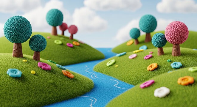 Vibrant miniature landscape with felt-textured hills a winding blue river and colorful button-flowers under a cheerful sky in a whimsical 3D render.