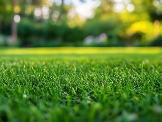 Fototapeta premium Lush Green Grass Under Soft Morning Light in Vibrant Garden Setting