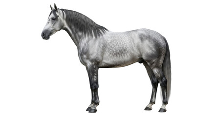 Fototapeta premium A magnificent dappled grey andalusian horse, muscular, with a long charcoal mane, standing in profile pose, isolated on a transparent studio background, conveying serene majesty and strength