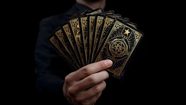Hand holding a fan of luxurious black and gold tarot cards on black