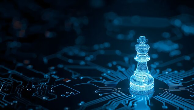 Glowing blue digital chess king on a futuristic circuit board
