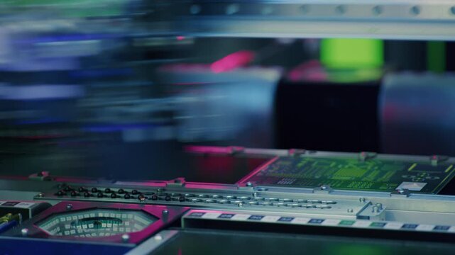 Close up macro: Electronic printed circuit board, surface mounted technology connecting microchips, semiconductors, capacitors to motherboard. Manufacture processors, microcircuits components