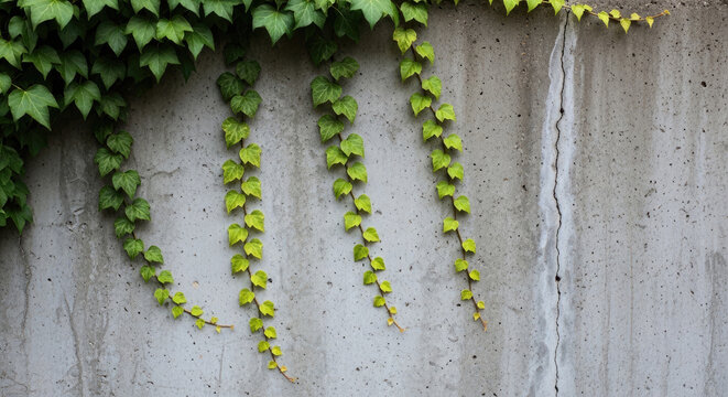 Lush green ivy vines trailing down a textured gray concrete wall showcasing a natural crack and organic growth in an outdoor setting.
