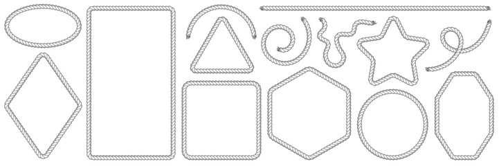 Rope brush frames, set of string borders. Rectangular, round, oval, hexagon, square, triangle, octagon, star shape for nautical, western designs. Black vector illustration isolated on white background © marina_ua