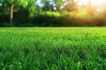 Fototapeta premium Lush Green Grass Field at Sunset with Soft Sunlight rays