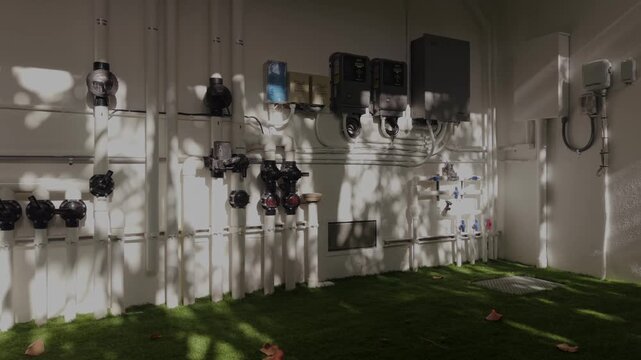 Professional installation of a swimming pool automation and filtration system, likely for a residential or commercial setting.