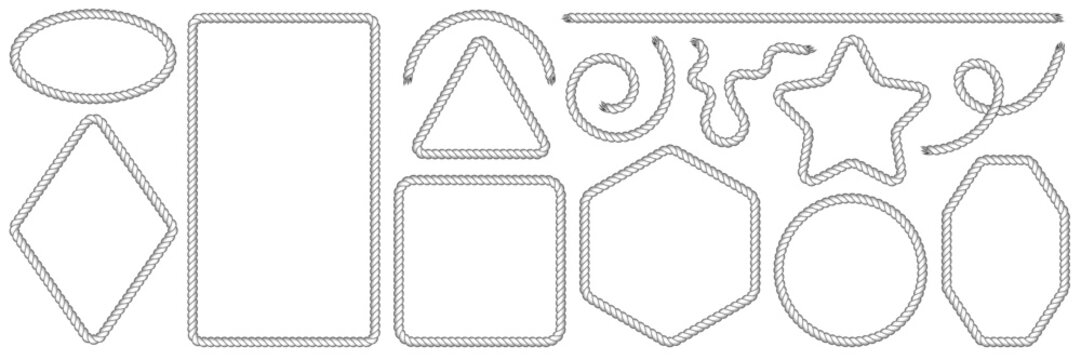 Rope brush frames, set of string borders. Rectangular, round, oval, hexagon, square, triangle, octagon, star shape for nautical, western designs. Black vector illustration isolated on white background