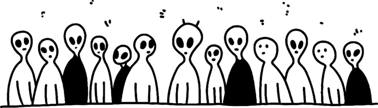Group of alien figures standing in a row on plain background