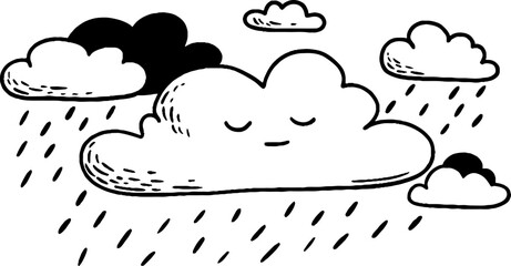 Fototapeta premium Clouds raining with sleepy face in simple sky scene