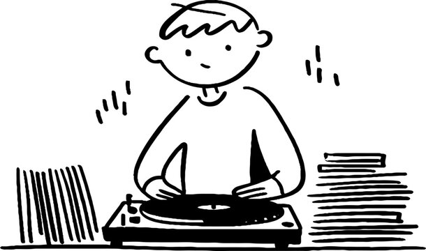Young person mixing records at turntable with stacked albums