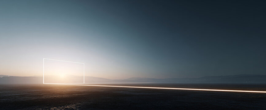 Futuristic glowing door in dark landscape