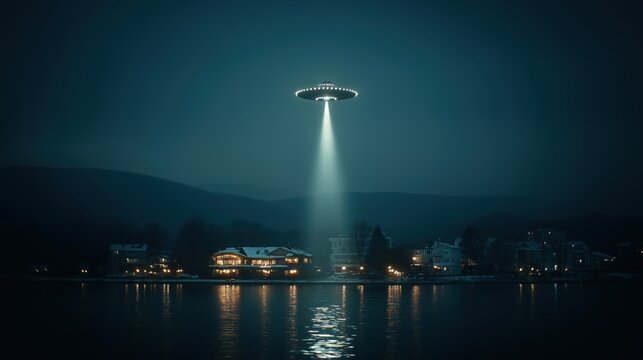 UFO Sighting Over a Lake at Night Near a Small Town