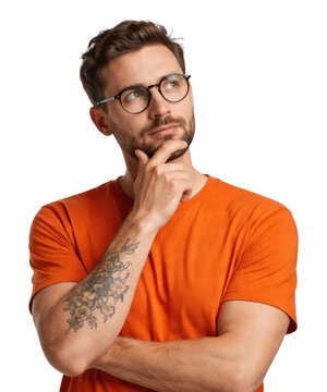 PNG Thoughtful man in orange shirt