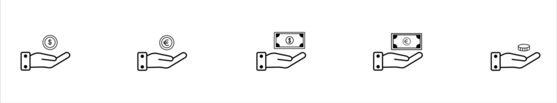 Set of 5 linear icons in black featuring a palm-up hand presenting various money elements: a dollar coin, a euro coin, a dollar bill, a euro bill, and a generic stack of coins. A clear, basic, and ver