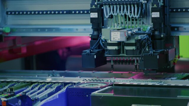 Close up macro: Electronic printed circuit board, surface mounted technology connecting microchips, semiconductors, capacitors to motherboard. Manufacture processors, microcircuits components