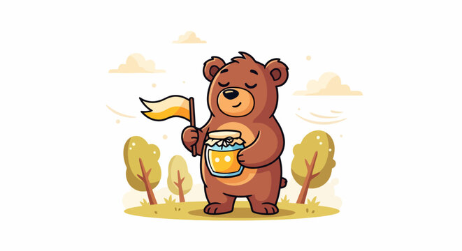 Cute cartoon bear holding honey jar and flag.