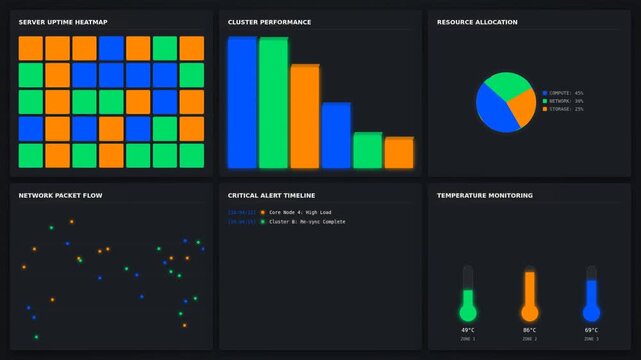 A vibrant dashboard displaying performance metrics, resource allocation, and network flow visualizations