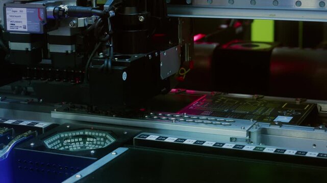 Close up macro: Electronic printed circuit board, surface mounted technology connecting microchips, semiconductors, capacitors to motherboard. Manufacture processors, microcircuits components