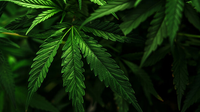 Green leaves of technical hemp lie on a black modern background. Green background of leaves. Close-up young hemp. Green cannabis leaves, marijuana leaves. Medicinal indica with CBD.