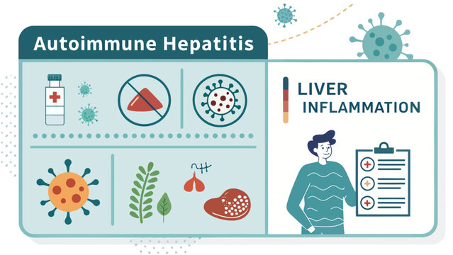 Autoimmune hepatitis infographic with liver inflammation and virus icons