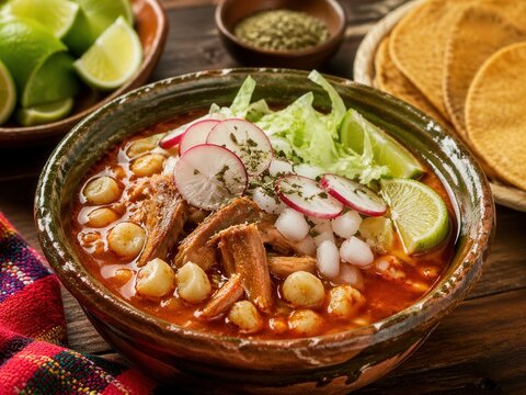Traditionelle Pozole mit Hominy, Fleisch und Rettich
Herzhafte mexikanische Suppe mit Mais, Fleisch, Rettich, Salat, Zwiebeln und Limette.