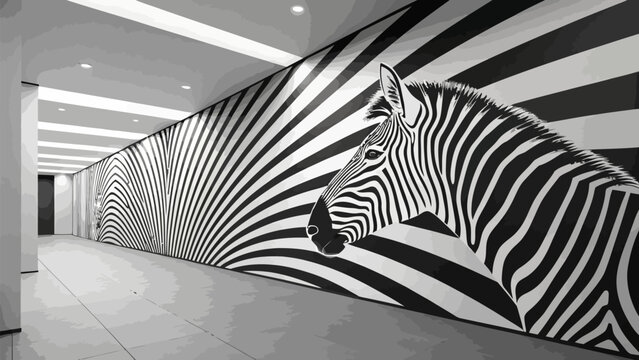 Black and white zebra head on striped wall in hallway with lights
