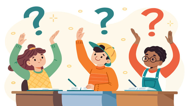 Three students raising hands with question marks above them in classroom setting