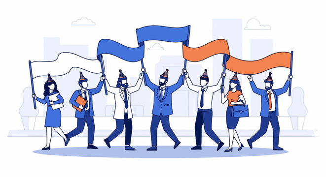Diverse group of people holding flags in a protest march.