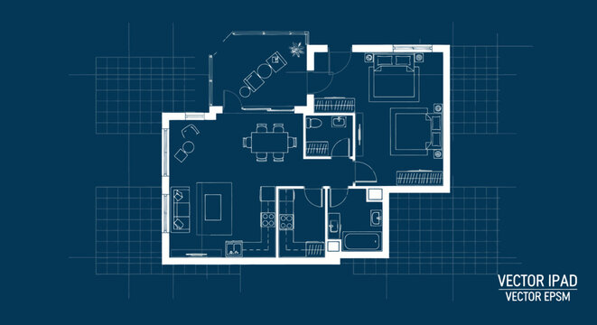 Blueprint Floor Plan of Modern Apartment with Furniture Layout