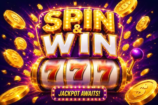 Spin and Win Casino Slot Machine with 777 Jackpot, Gold Coins Explosion and Winning Banner
