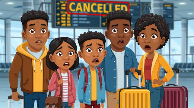 A cartoon illustration of a shocked Black family of five &mdash; two adults and three children &mdash; standing with their luggage at an airport terminal, looking distressed at a departure board displaying "CANCE