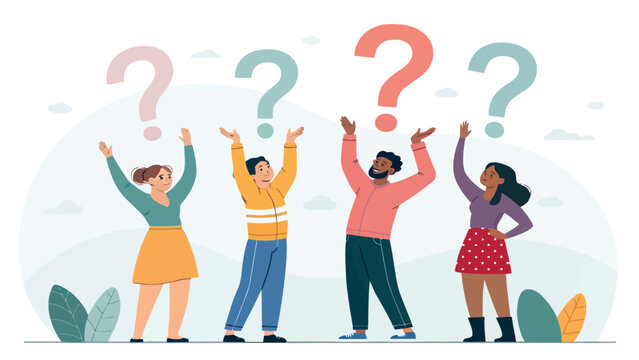 Four people standing with question marks above their heads in confusion