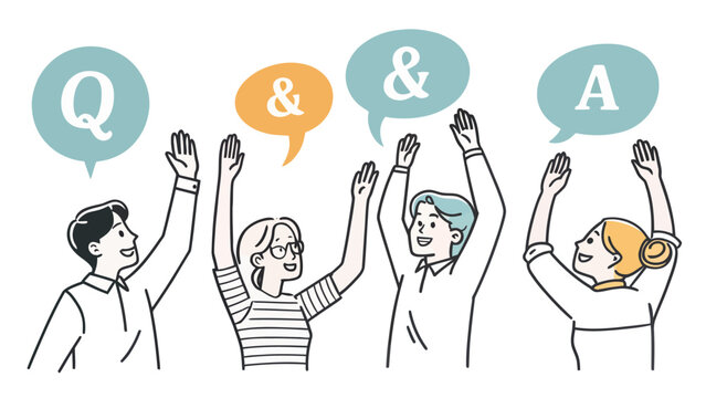 Four people raising hands with question and answer speech bubbles