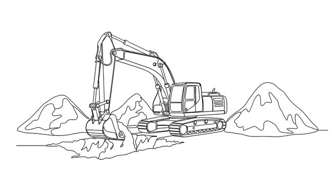 Monochromatic continuous line drawing of a heavy-duty excavator actively digging a trench surrounded by fresh earth mounds on a clean white background.