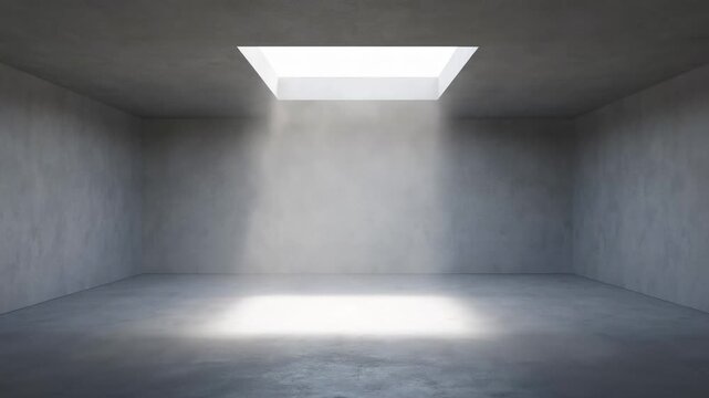 Empty room with a skylight casting light beams on the floor. A serene space ideal for creative projects, meditation, or minimalistic design