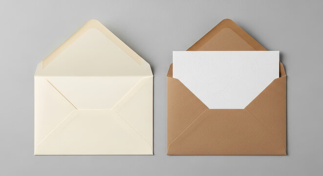 Open cream and brown envelopes one with a blank white card presented in a clean flat lay studio shot on a neutral gray background ideal for mockup display.